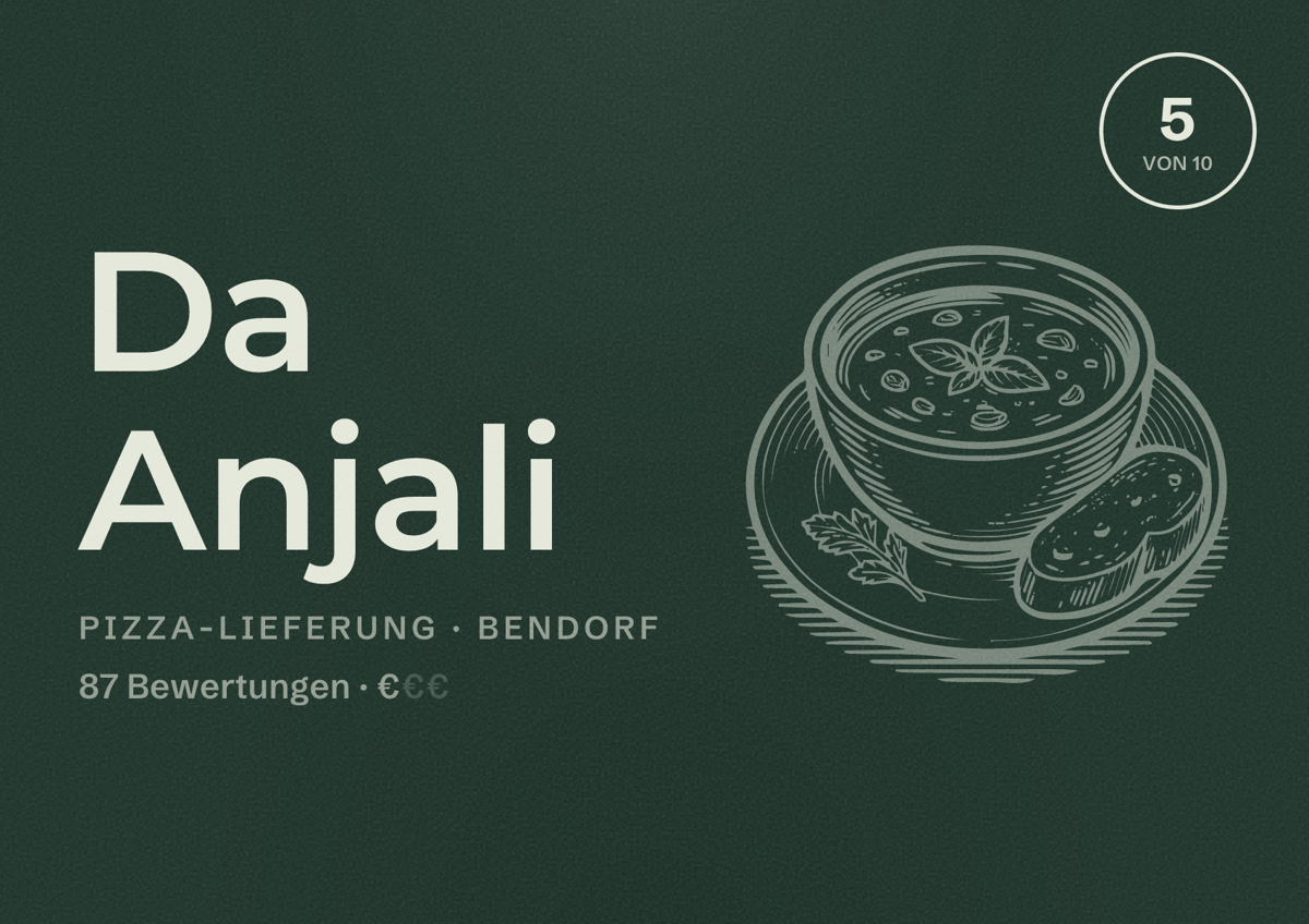 Illustriertes Poster von Da Anjali, Pizza-Lieferung in Bendorf: Bewertung 5 von 10 aus 87 Bewertungen, Preisniveau €