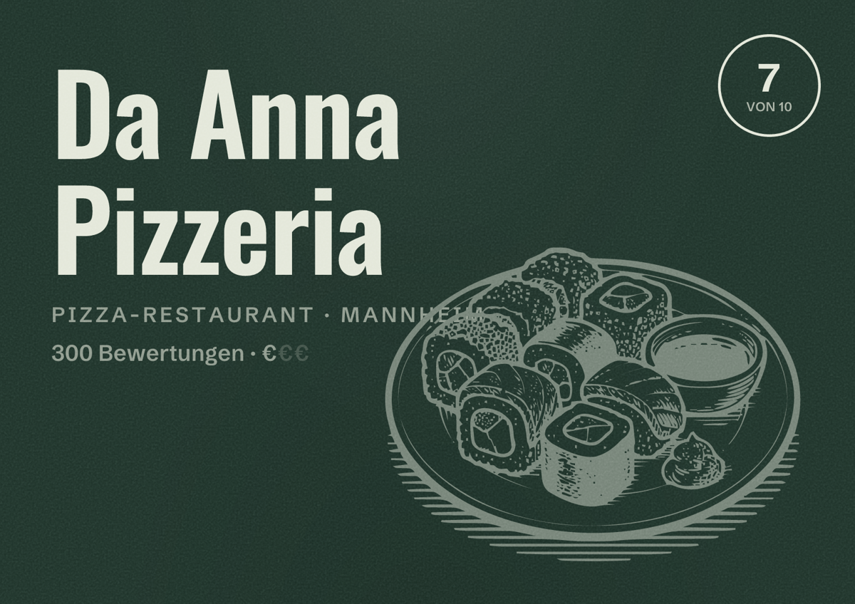 Illustriertes Poster von Da Anna Pizzeria, Pizza-Restaurant in Mannheim: Bewertung 7 von 10 aus 300 Bewertungen, Preisniveau €