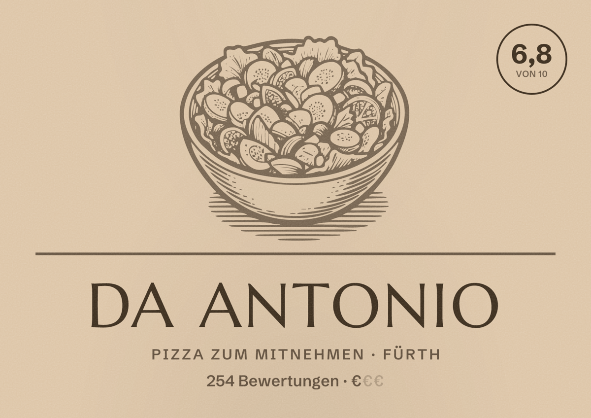 Illustriertes Poster von Da Antonio, Pizza zum Mitnehmen in Fürth: Bewertung 6,8 von 10 aus 254 Bewertungen, Preisniveau €