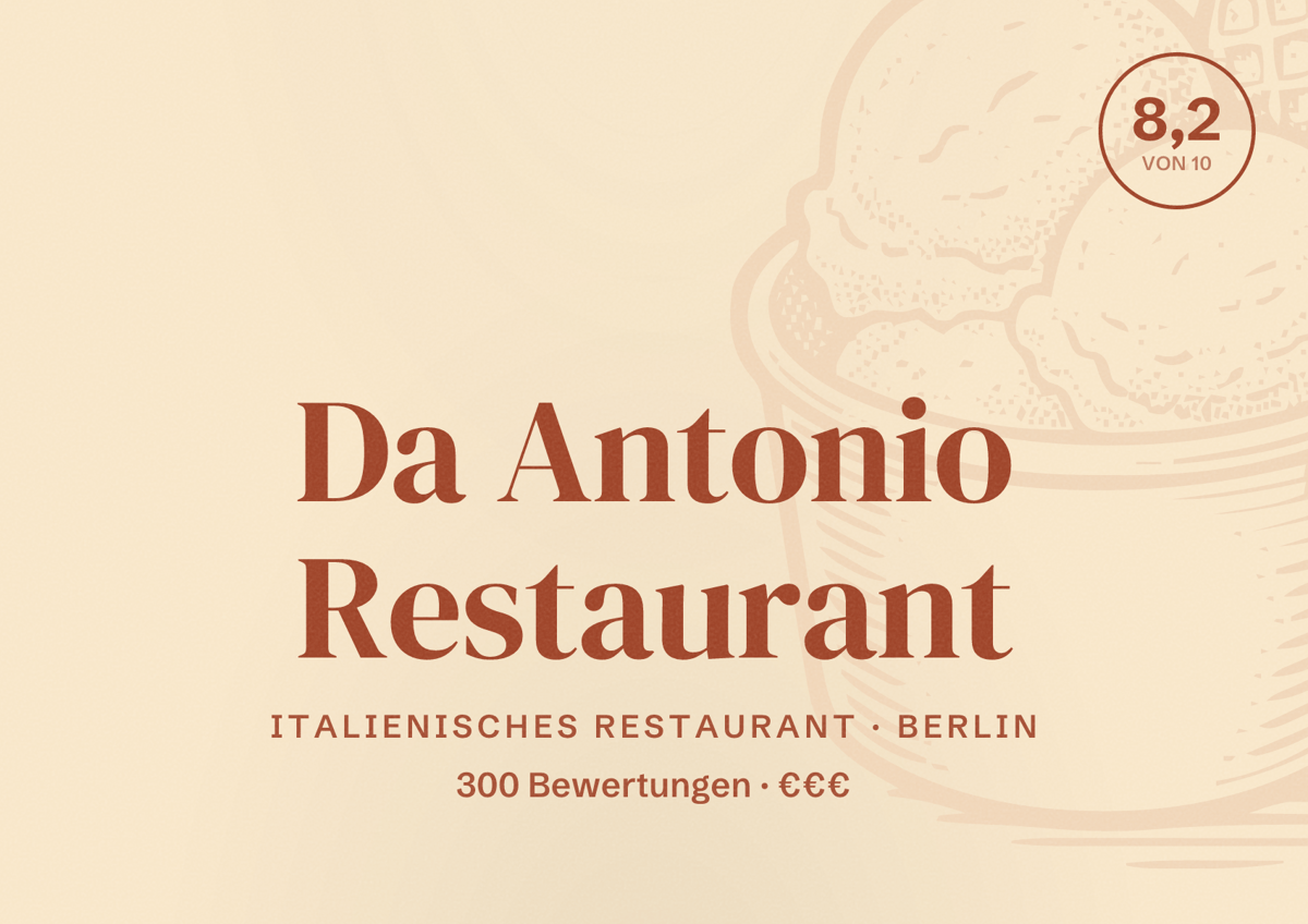 Illustriertes Poster von Da Antonio Restaurant, Italienisches Restaurant in Berlin: Bewertung 8,2 von 10 aus 300 Bewertungen, Preisniveau €€€