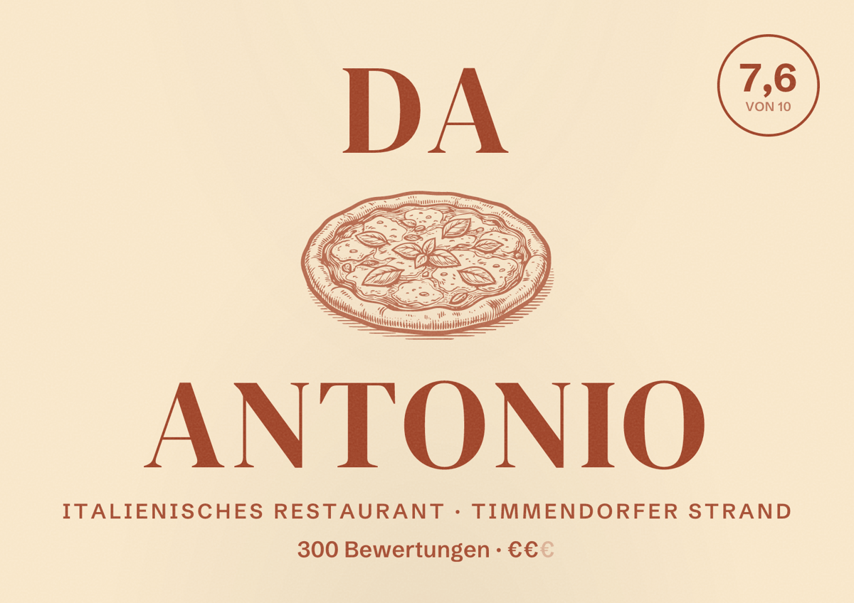 Illustriertes Poster von Da Antonio, Italienisches Restaurant in Timmendorfer Strand: Bewertung 7,6 von 10 aus 300 Bewertungen, Preisniveau €€