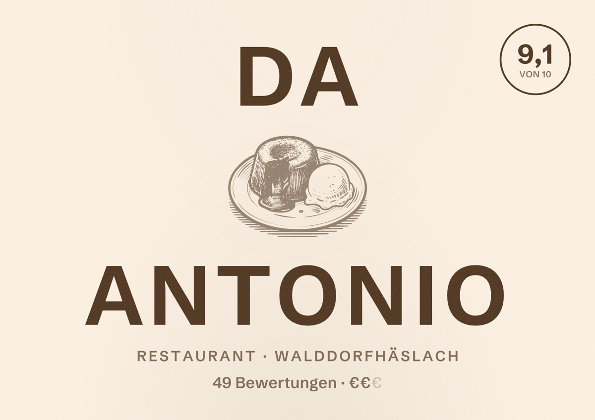 Illustriertes Poster von Da Antonio, Restaurant in Walddorfhäslach: Bewertung 9,1 von 10 aus 49 Bewertungen, Preisniveau €€
