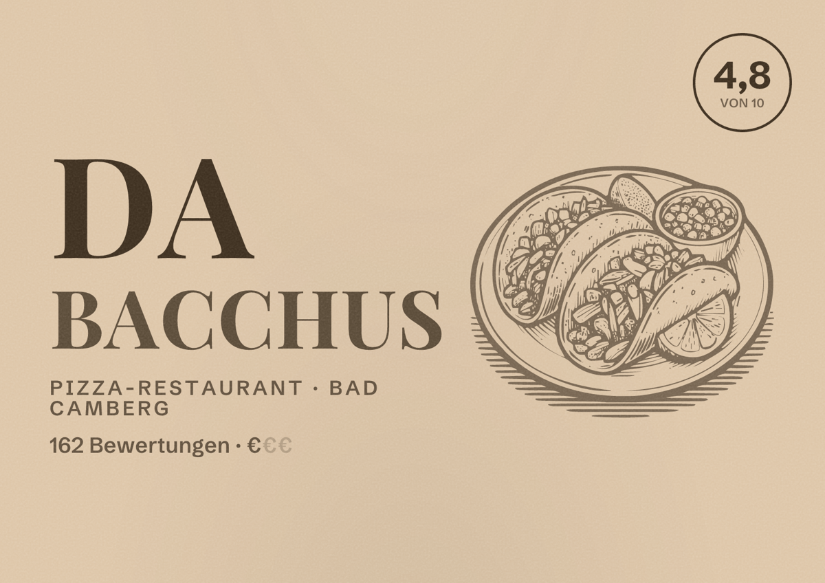 Illustriertes Poster von Da Bacchus, Pizza-Restaurant in Bad Camberg: Bewertung 4,8 von 10 aus 162 Bewertungen, Preisniveau €