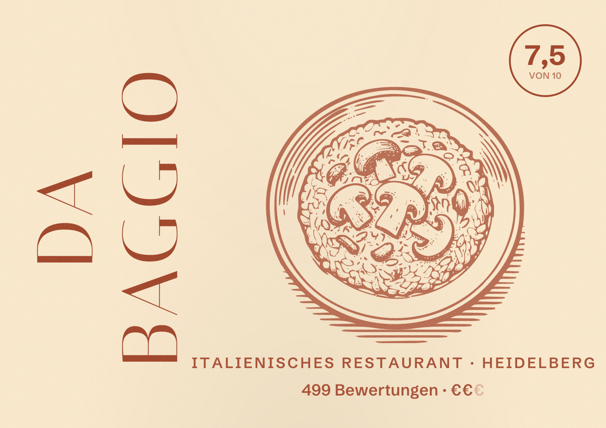 Illustriertes Poster von Da Baggio, Italienisches Restaurant in Heidelberg: Bewertung 7,5 von 10 aus 499 Bewertungen, Preisniveau €€