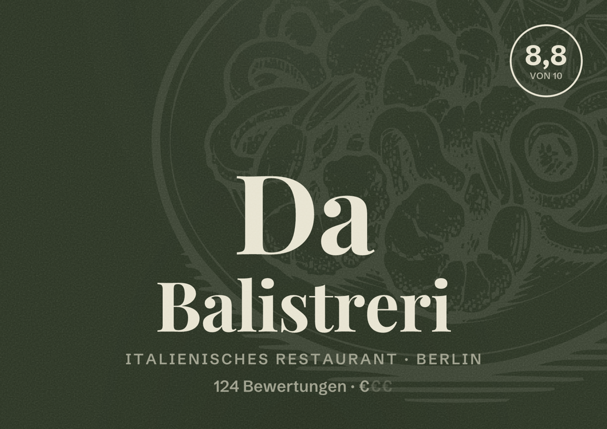 Illustriertes Poster von Da Balistreri, Italienisches Restaurant in Berlin: Bewertung 8,8 von 10 aus 124 Bewertungen, Preisniveau €
