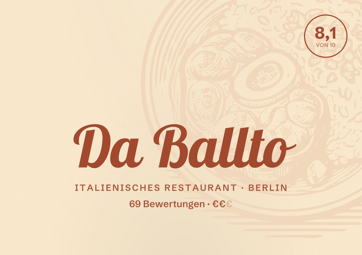 Illustriertes Poster von Da Ballto, Italienisches Restaurant in Berlin: Bewertung 8,1 von 10 aus 69 Bewertungen, Preisniveau €€