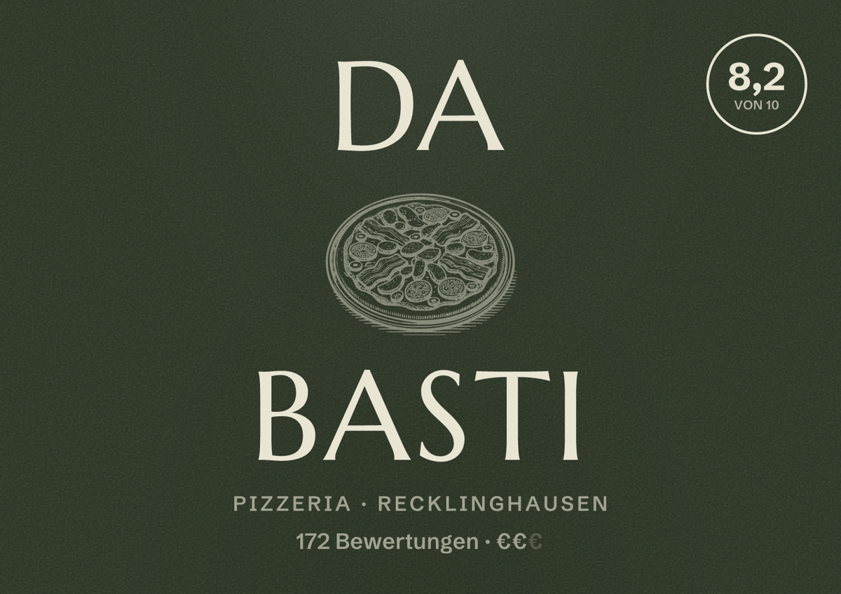 Illustriertes Poster von da Basti, Pizzeria in Recklinghausen: Bewertung 8,2 von 10 aus 172 Bewertungen, Preisniveau €€
