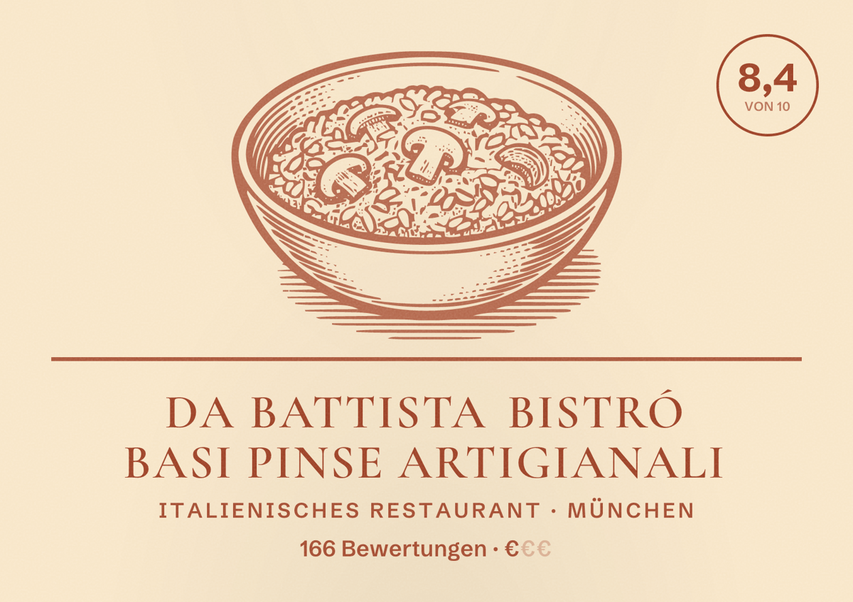 Illustriertes Poster von Da Battista Bistró Basi Pinse Artigianali, Italienisches Restaurant in München: Bewertung 8,4 von 10 aus 166 Bewertungen, Preisniveau €