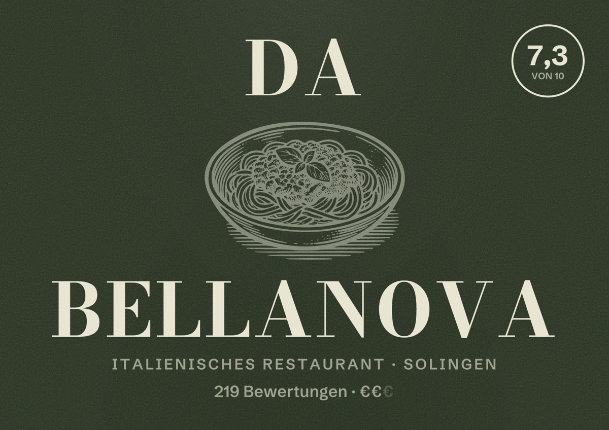 Illustriertes Poster von Da bellanova, Italienisches Restaurant in Solingen: Bewertung 7,3 von 10 aus 219 Bewertungen, Preisniveau €€