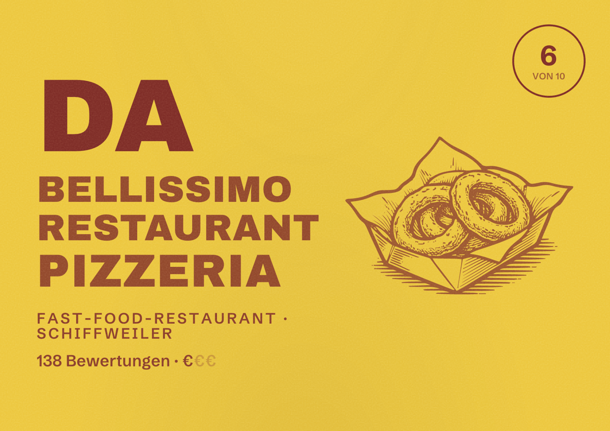 Illustriertes Poster von Da Bellissimo Restaurant Pizzeria, Fast-Food-Restaurant in Schiffweiler: Bewertung 6 von 10 aus 138 Bewertungen, Preisniveau €