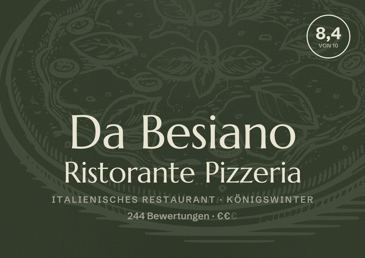 Illustriertes Poster von Da Besiano Ristorante Pizzeria, Italienisches Restaurant in Königswinter: Bewertung 8,4 von 10 aus 244 Bewertungen, Preisniveau €€
