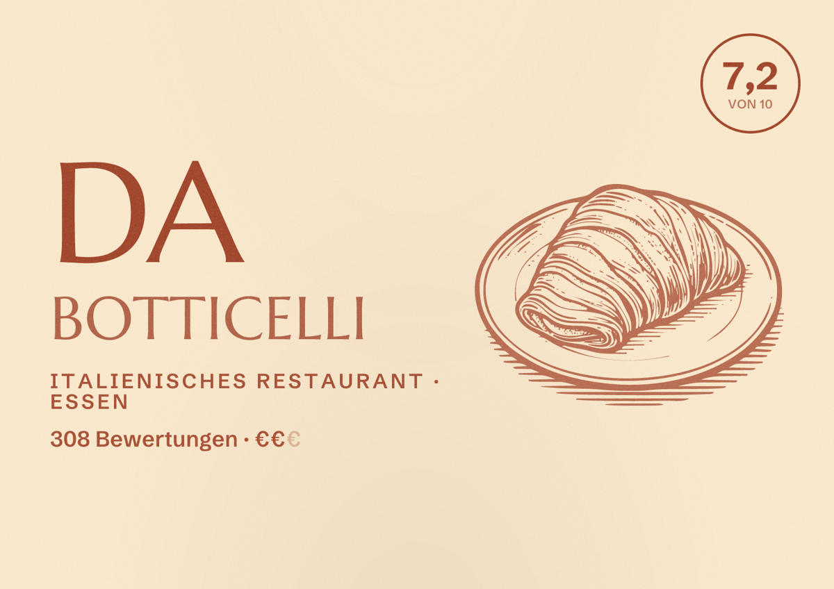 Illustriertes Poster von Da Botticelli, Italienisches Restaurant in Essen: Bewertung 7,2 von 10 aus 308 Bewertungen, Preisniveau €€