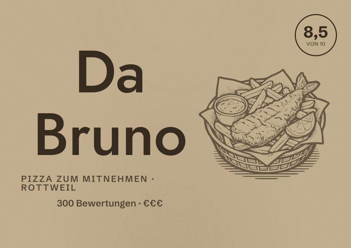 Illustriertes Poster von Da Bruno, Pizza zum Mitnehmen in Rottweil: Bewertung 8,5 von 10 aus 300 Bewertungen, Preisniveau €€€