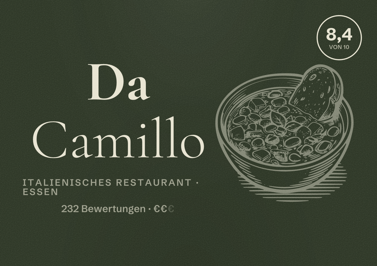 Illustriertes Poster von Da Camillo, Italienisches Restaurant in Essen: Bewertung 8,4 von 10 aus 232 Bewertungen, Preisniveau €€