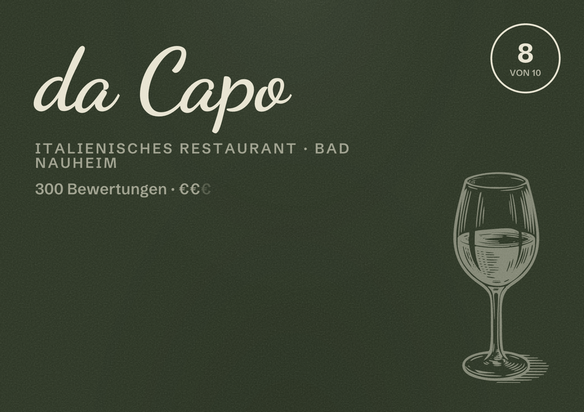 Illustriertes Poster von da Capo, Italienisches Restaurant in Bad Nauheim: Bewertung 8 von 10 aus 300 Bewertungen, Preisniveau €€