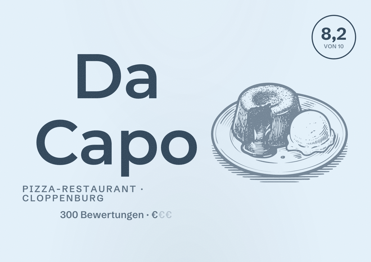 Illustriertes Poster von Da Capo, Pizza-Restaurant in Cloppenburg: Bewertung 8,2 von 10 aus 300 Bewertungen, Preisniveau €