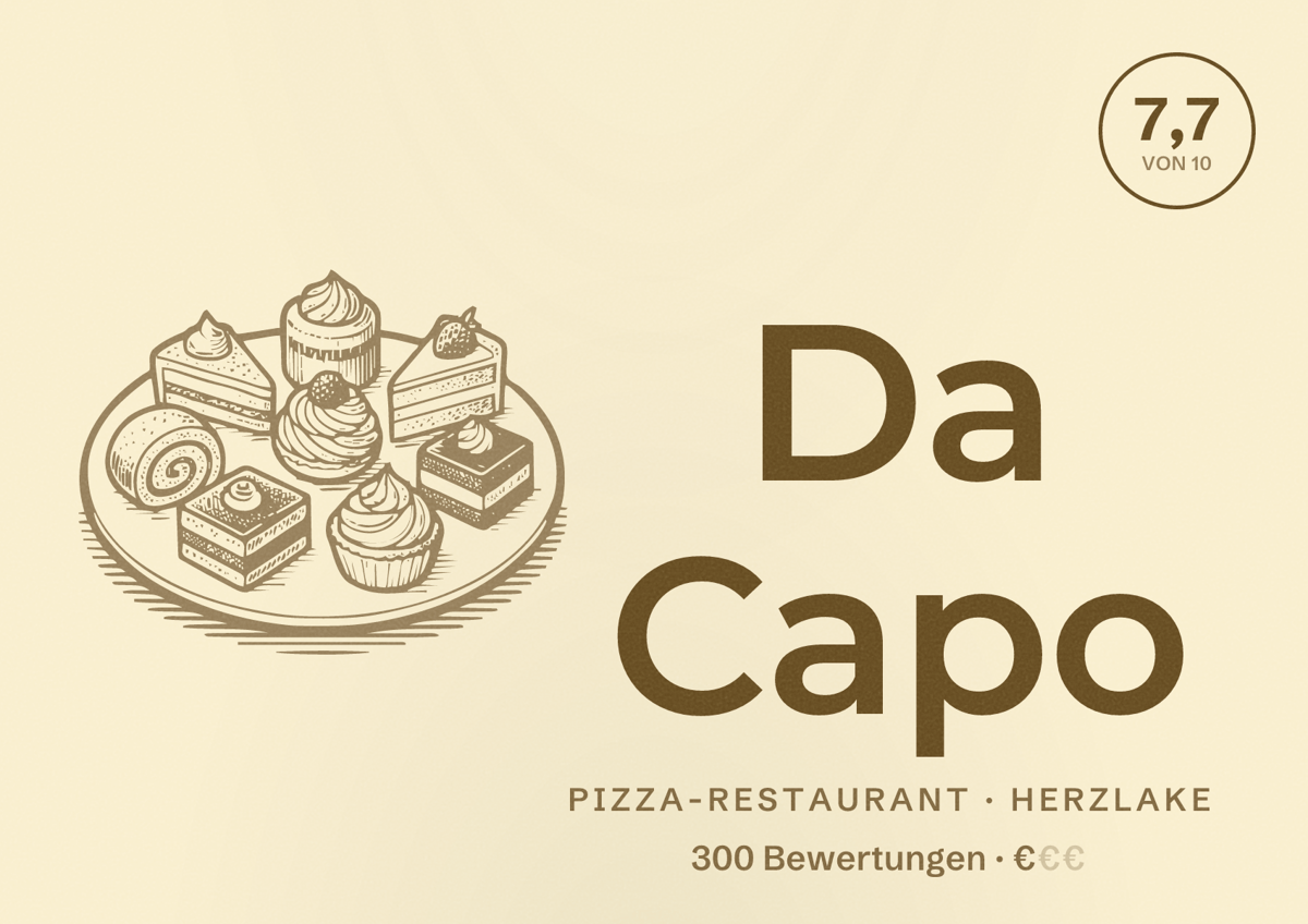 Illustriertes Poster von Da Capo, Pizza-Restaurant in Herzlake: Bewertung 7,7 von 10 aus 300 Bewertungen, Preisniveau €