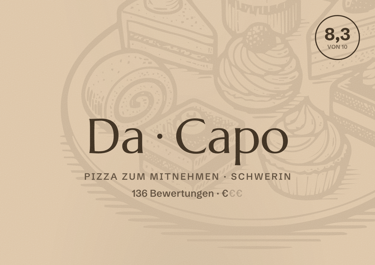 Illustriertes Poster von Da Capo, Pizza zum Mitnehmen in Schwerin: Bewertung 8,3 von 10 aus 136 Bewertungen, Preisniveau €