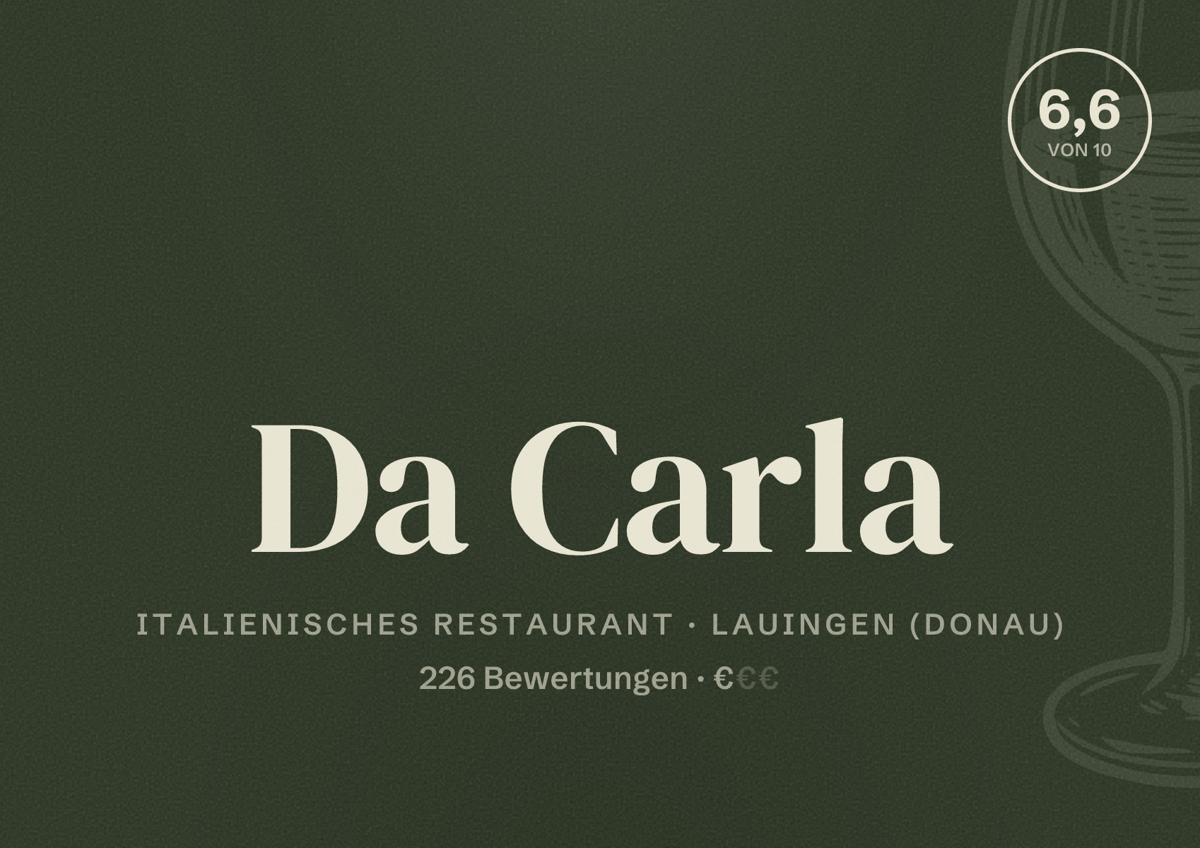 Illustriertes Poster von Da Carla, Italienisches Restaurant in Lauingen (Donau): Bewertung 6,6 von 10 aus 226 Bewertungen, Preisniveau €