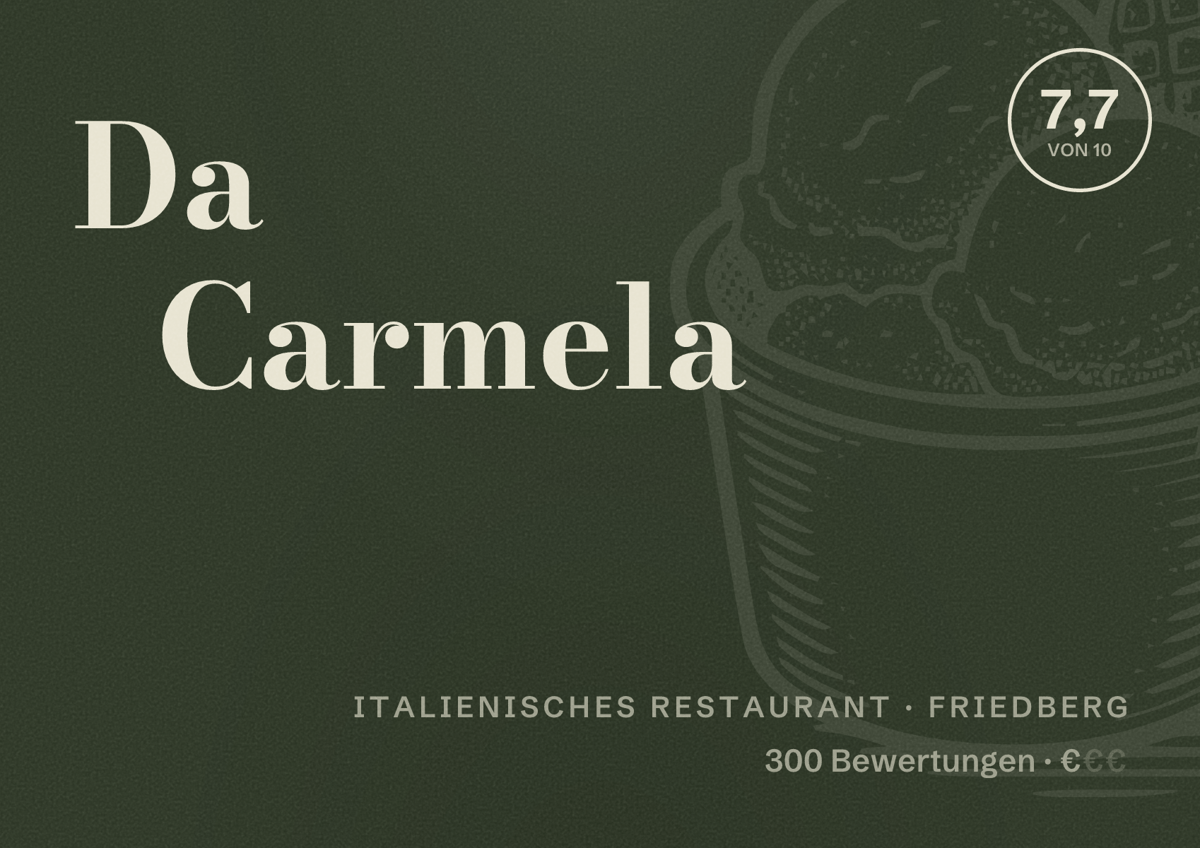 Illustriertes Poster von Da Carmela, Italienisches Restaurant in Friedberg: Bewertung 7,7 von 10 aus 300 Bewertungen, Preisniveau €