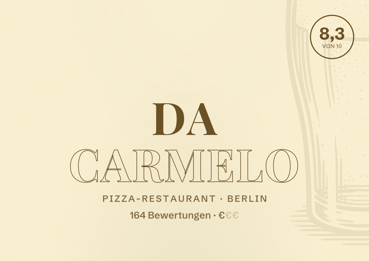 Illustriertes Poster von Da Carmelo, Pizza-Restaurant in Berlin: Bewertung 8,3 von 10 aus 164 Bewertungen, Preisniveau €