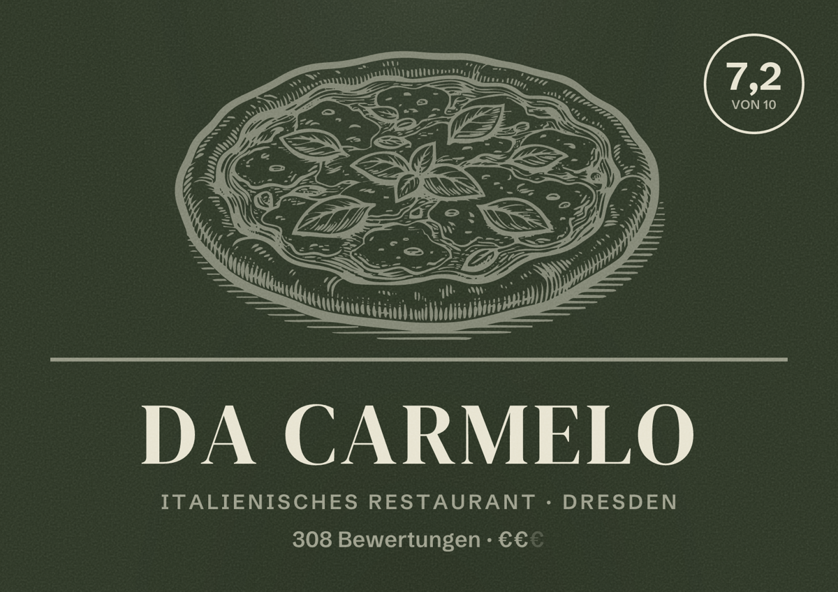 Illustriertes Poster von Da Carmelo, Italienisches Restaurant in Dresden: Bewertung 7,2 von 10 aus 308 Bewertungen, Preisniveau €€