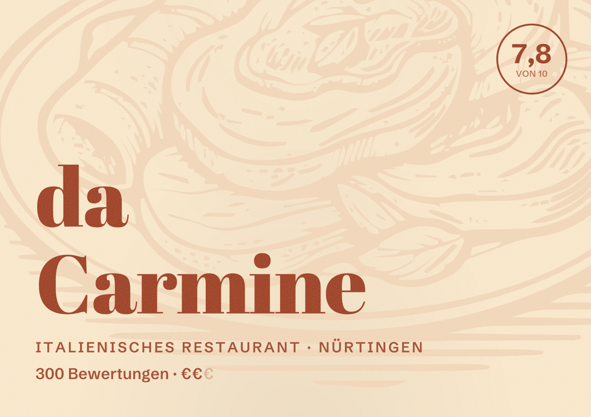 Illustriertes Poster von da Carmine, Italienisches Restaurant in Nürtingen: Bewertung 7,8 von 10 aus 300 Bewertungen, Preisniveau €€