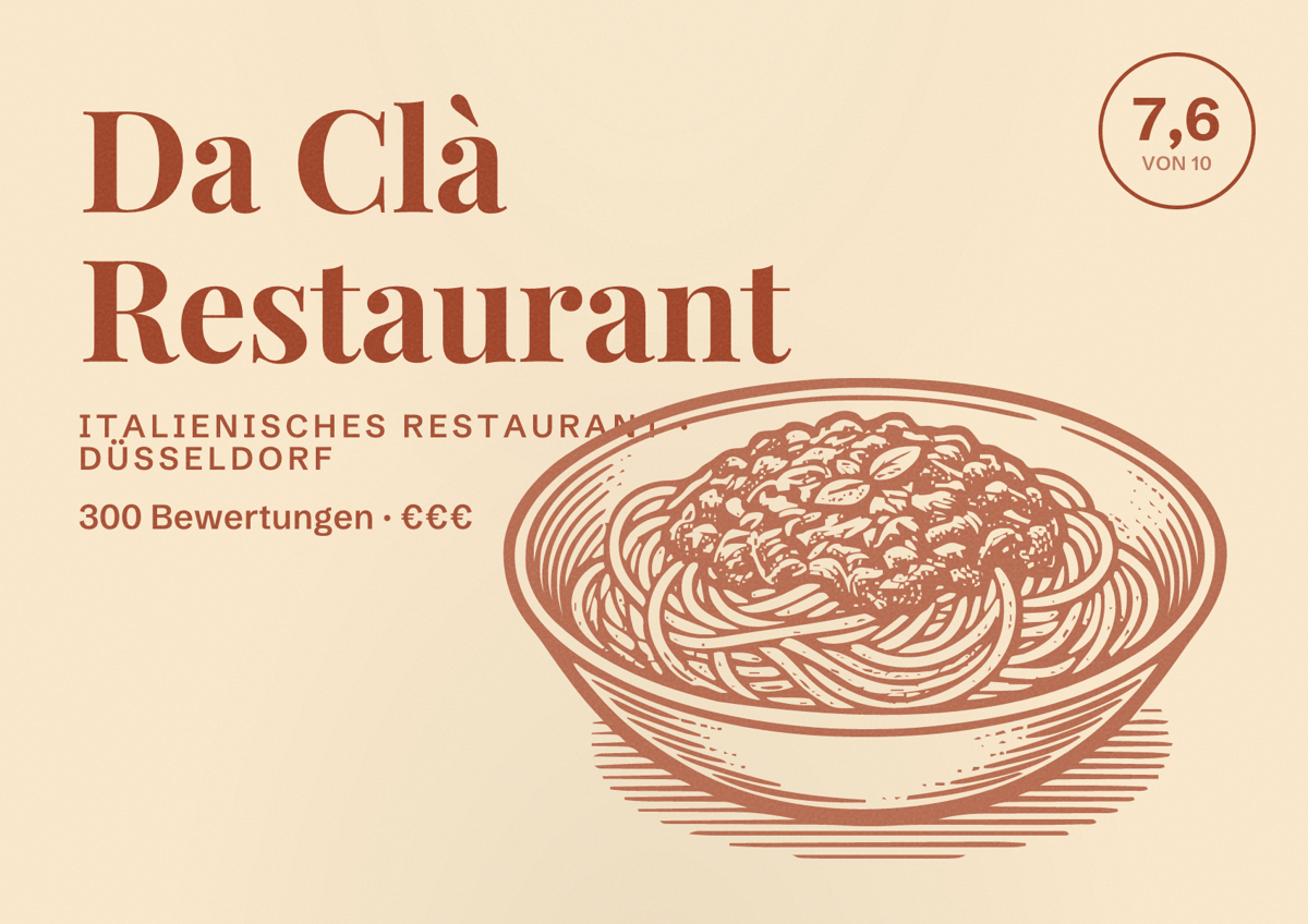 Illustriertes Poster von Da Clà Restaurant, Italienisches Restaurant in Düsseldorf: Bewertung 7,6 von 10 aus 300 Bewertungen, Preisniveau €€€