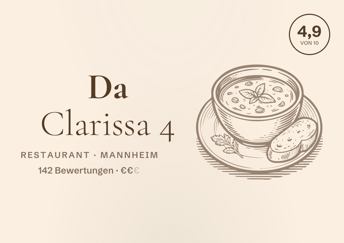 Illustriertes Poster von Da Clarissa 4, Restaurant in Mannheim: Bewertung 4,9 von 10 aus 142 Bewertungen, Preisniveau €€