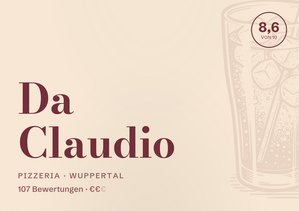 Illustriertes Poster von Da Claudio, Pizzeria in Wuppertal: Bewertung 8,6 von 10 aus 107 Bewertungen, Preisniveau €€
