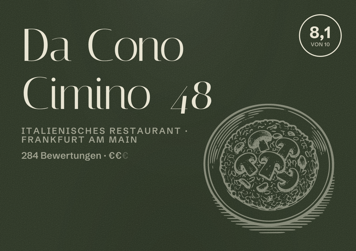 Illustriertes Poster von Da Cono Cimino 48, Italienisches Restaurant in Frankfurt am Main: Bewertung 8,1 von 10 aus 284 Bewertungen, Preisniveau €€