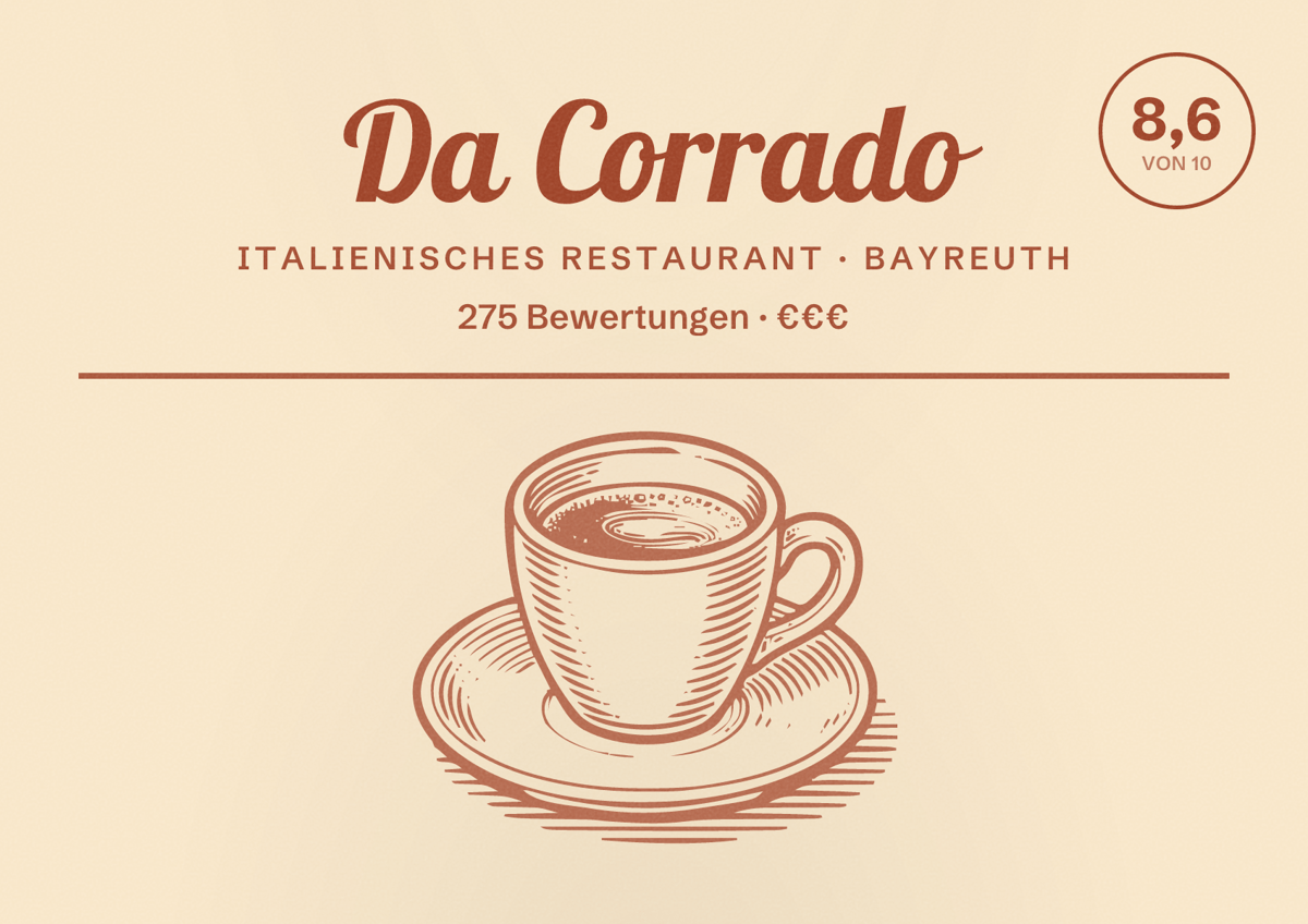 Illustriertes Poster von Da Corrado, Italienisches Restaurant in Bayreuth: Bewertung 8,6 von 10 aus 275 Bewertungen, Preisniveau €€€