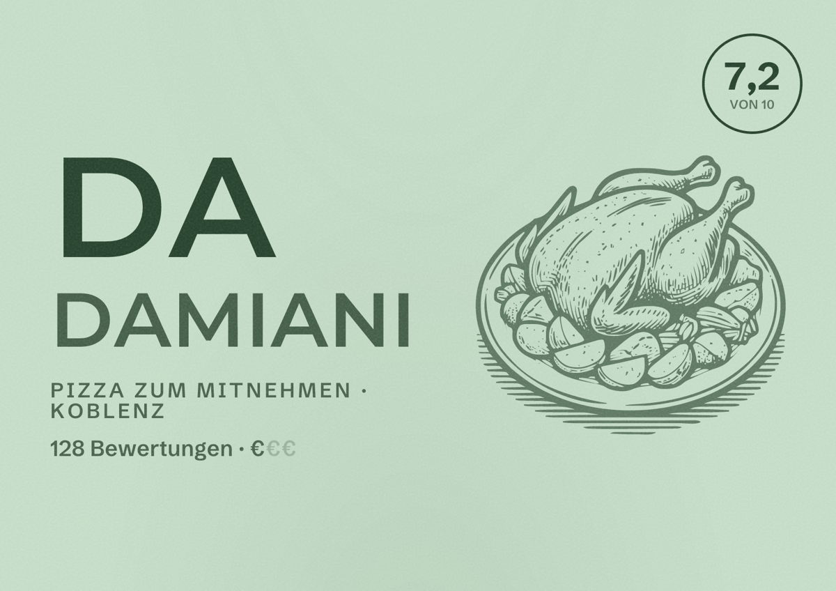 Illustriertes Poster von Da Damiani, Pizza zum Mitnehmen in Koblenz: Bewertung 7,2 von 10 aus 128 Bewertungen, Preisniveau €