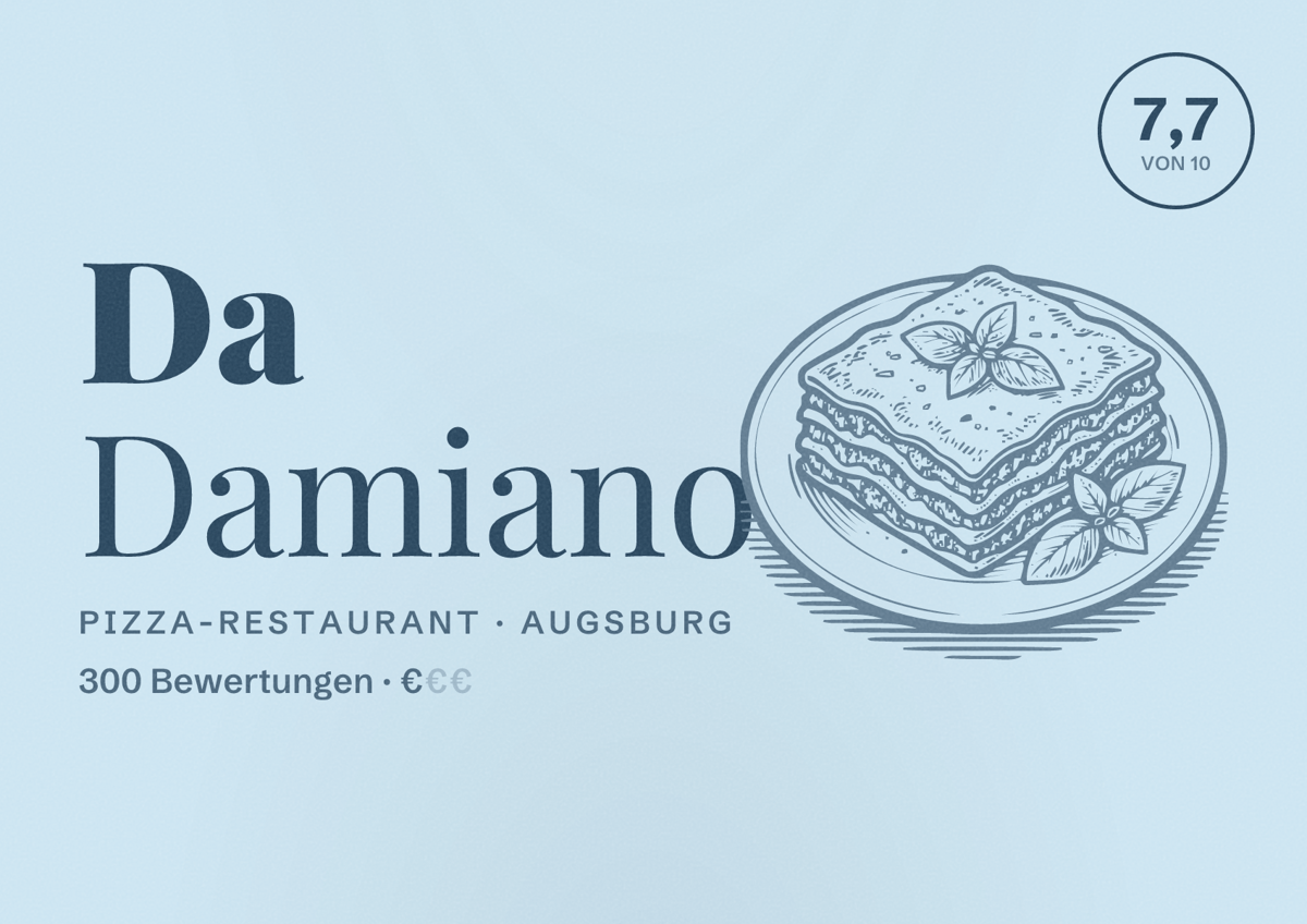 Illustriertes Poster von Da Damiano, Pizza-Restaurant in Augsburg: Bewertung 7,7 von 10 aus 300 Bewertungen, Preisniveau €