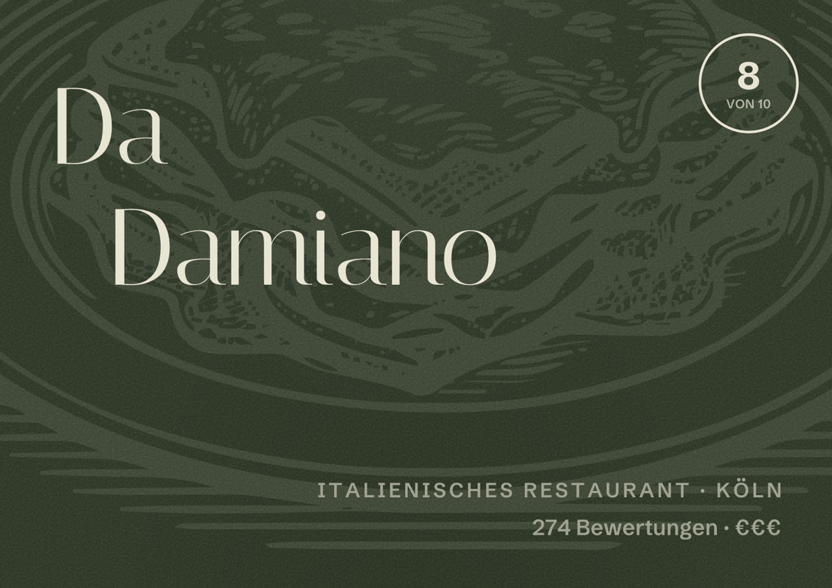 Illustriertes Poster von Da Damiano, Italienisches Restaurant in Köln: Bewertung 8,0 von 10 aus 274 Bewertungen, Preisniveau €€€