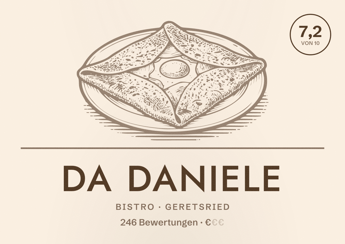 Illustriertes Poster von Da Daniele, Bistro in Geretsried: Bewertung 7,2 von 10 aus 246 Bewertungen, Preisniveau €