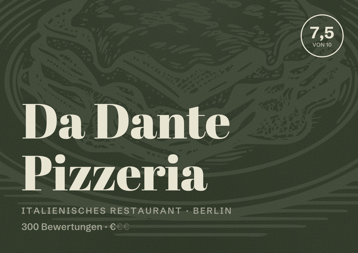 Illustriertes Poster von Da Dante Pizzeria, Italienisches Restaurant in Berlin: Bewertung 7,5 von 10 aus 300 Bewertungen, Preisniveau €