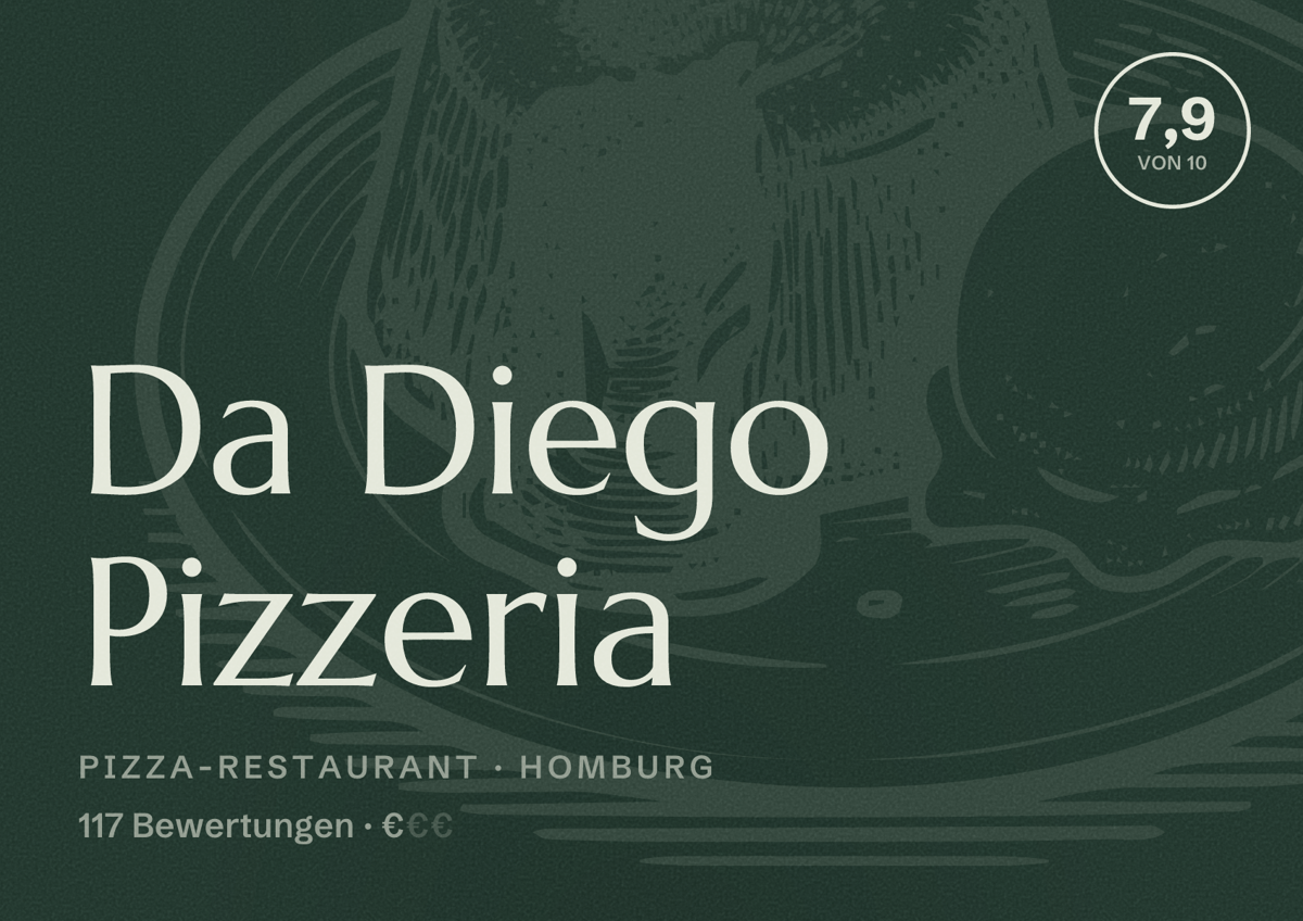 Illustriertes Poster von Da Diego Pizzeria, Pizza-Restaurant in Homburg: Bewertung 7,9 von 10 aus 117 Bewertungen, Preisniveau €