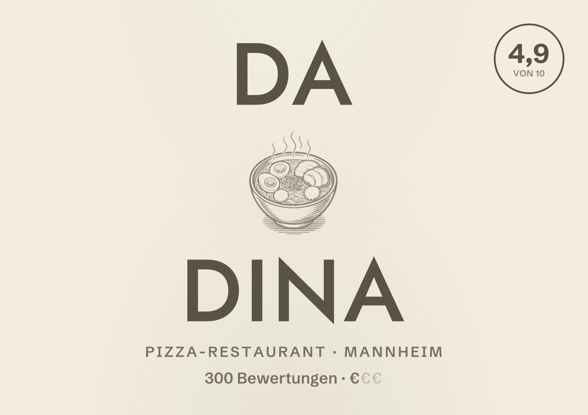 Illustriertes Poster von Da Dina, Pizza-Restaurant in Mannheim: Bewertung 4,9 von 10 aus 300 Bewertungen, Preisniveau €