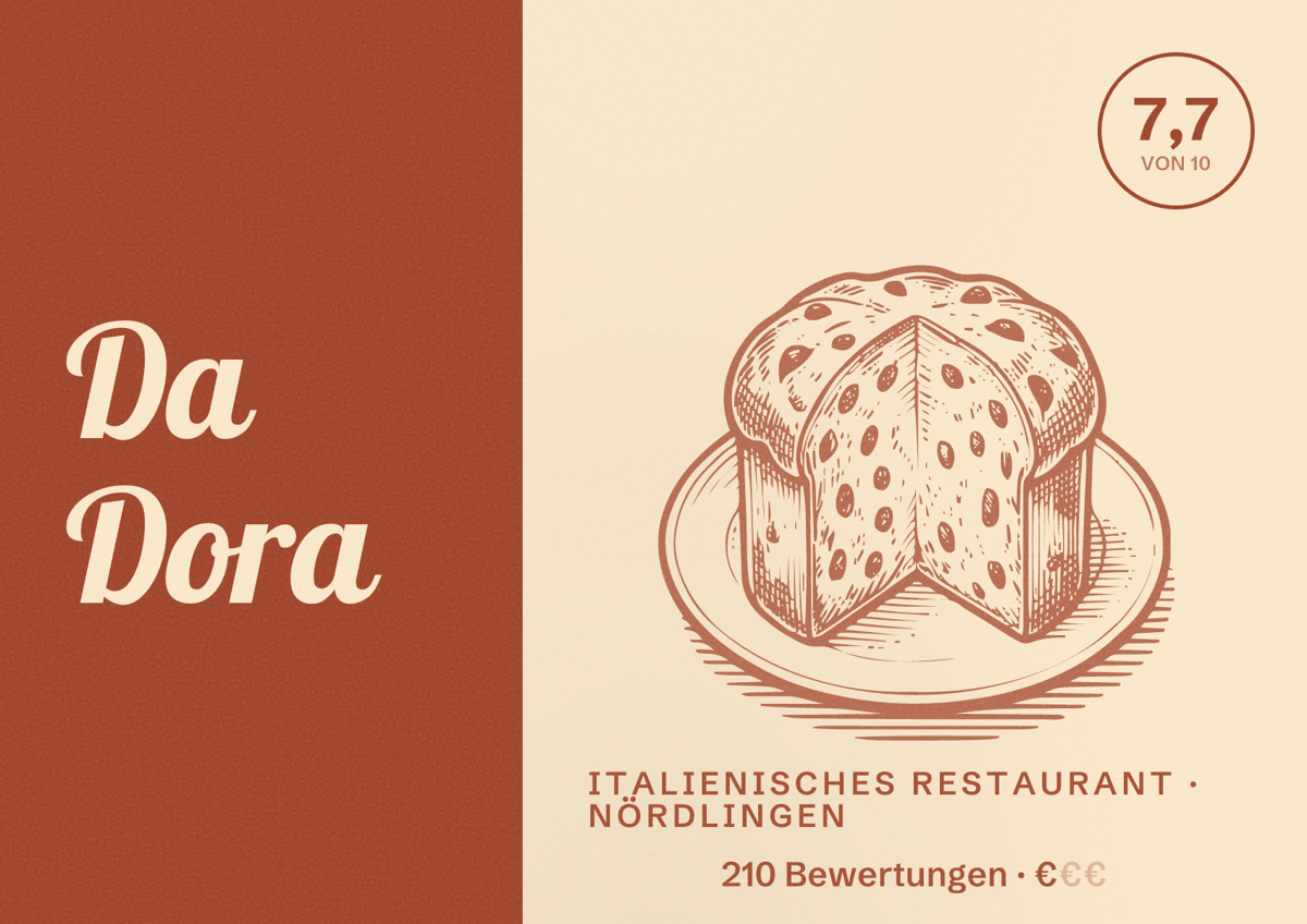 Illustriertes Poster von Da Dora, Italienisches Restaurant in Nördlingen: Bewertung 7,7 von 10 aus 210 Bewertungen, Preisniveau €