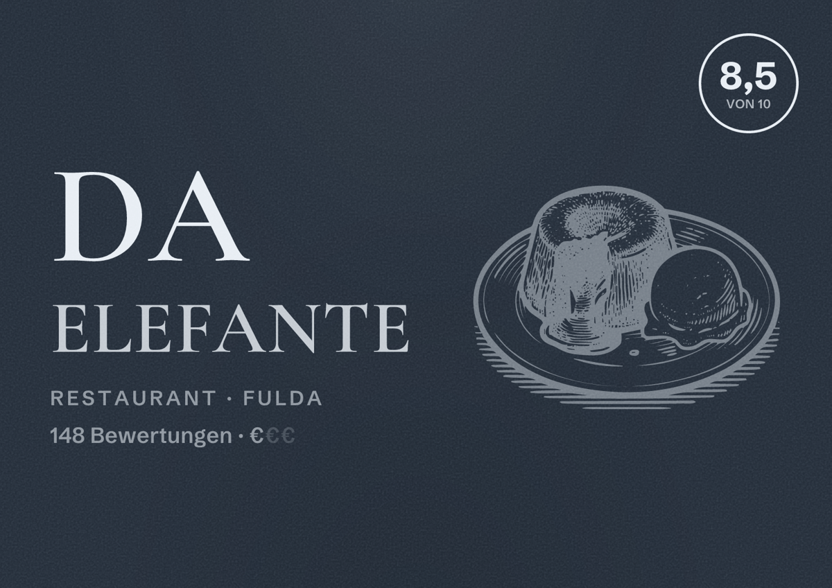 Illustriertes Poster von Da Elefante, Restaurant in Fulda: Bewertung 8,5 von 10 aus 148 Bewertungen, Preisniveau €