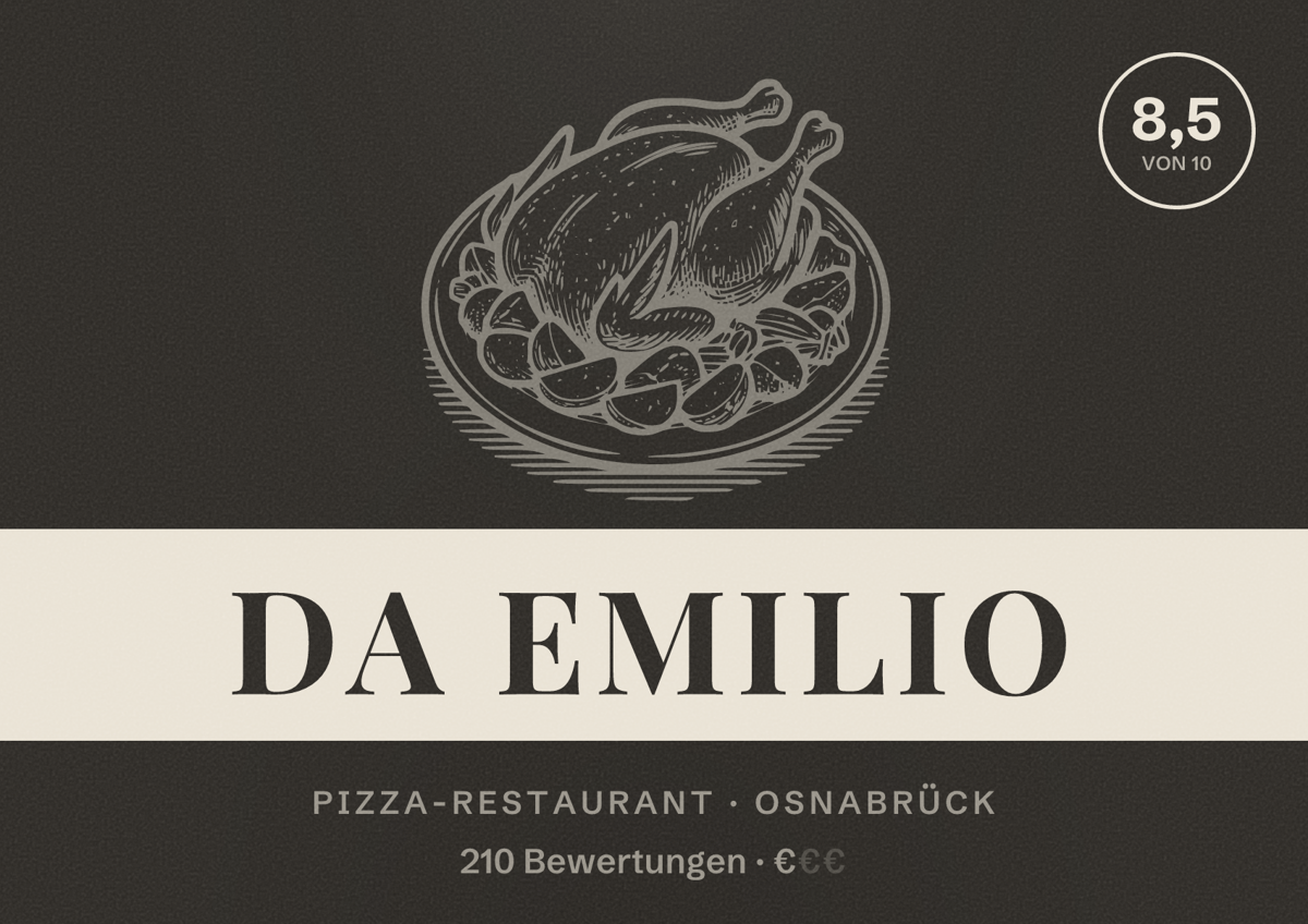 Illustriertes Poster von Da Emilio, Pizza-Restaurant in Osnabrück: Bewertung 8,5 von 10 aus 210 Bewertungen, Preisniveau €