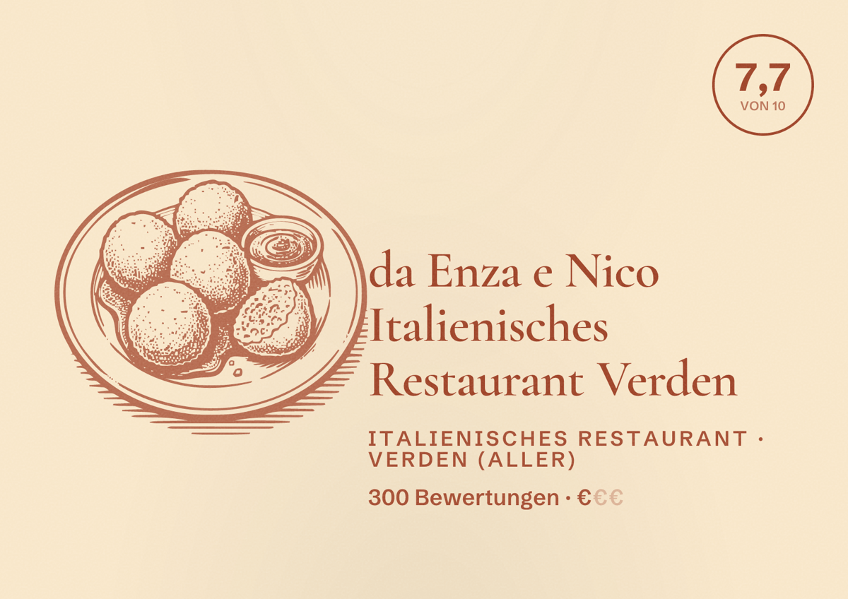 Illustriertes Poster von da Enza e Nico Italienisches Restaurant Verden, Italienisches Restaurant in Verden (Aller): Bewertung 7,7 von 10 aus 300 Bewertungen, Preisniveau €