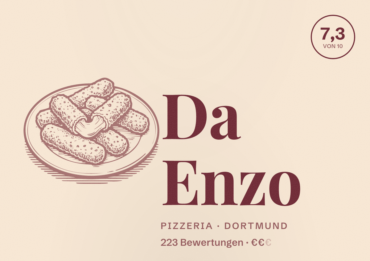 Illustriertes Poster von Da Enzo, Pizzeria in Dortmund: Bewertung 7,3 von 10 aus 223 Bewertungen, Preisniveau €€