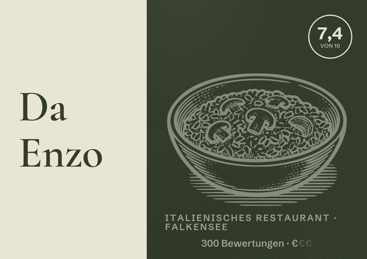 Illustriertes Poster von Da Enzo, Italienisches Restaurant in Falkensee: Bewertung 7,4 von 10 aus 300 Bewertungen, Preisniveau €