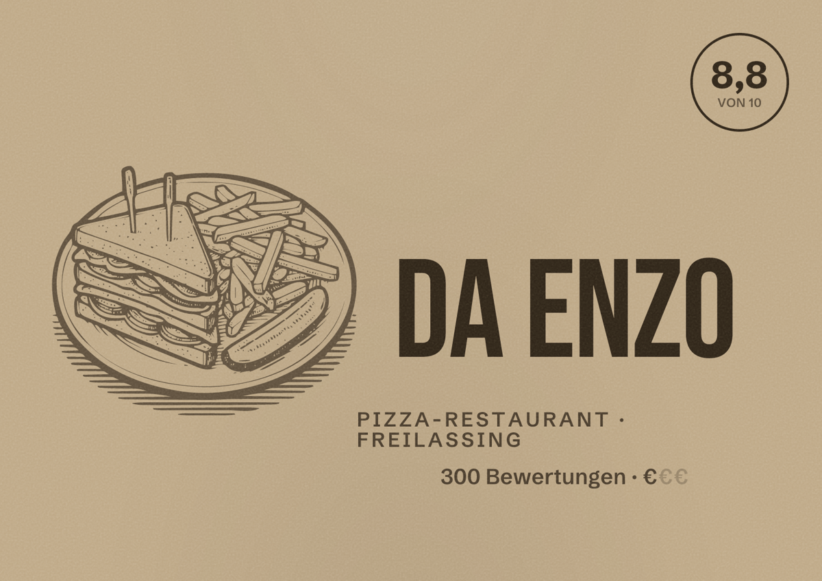 Illustriertes Poster von Da Enzo, Pizza-Restaurant in Freilassing: Bewertung 8,8 von 10 aus 300 Bewertungen, Preisniveau €