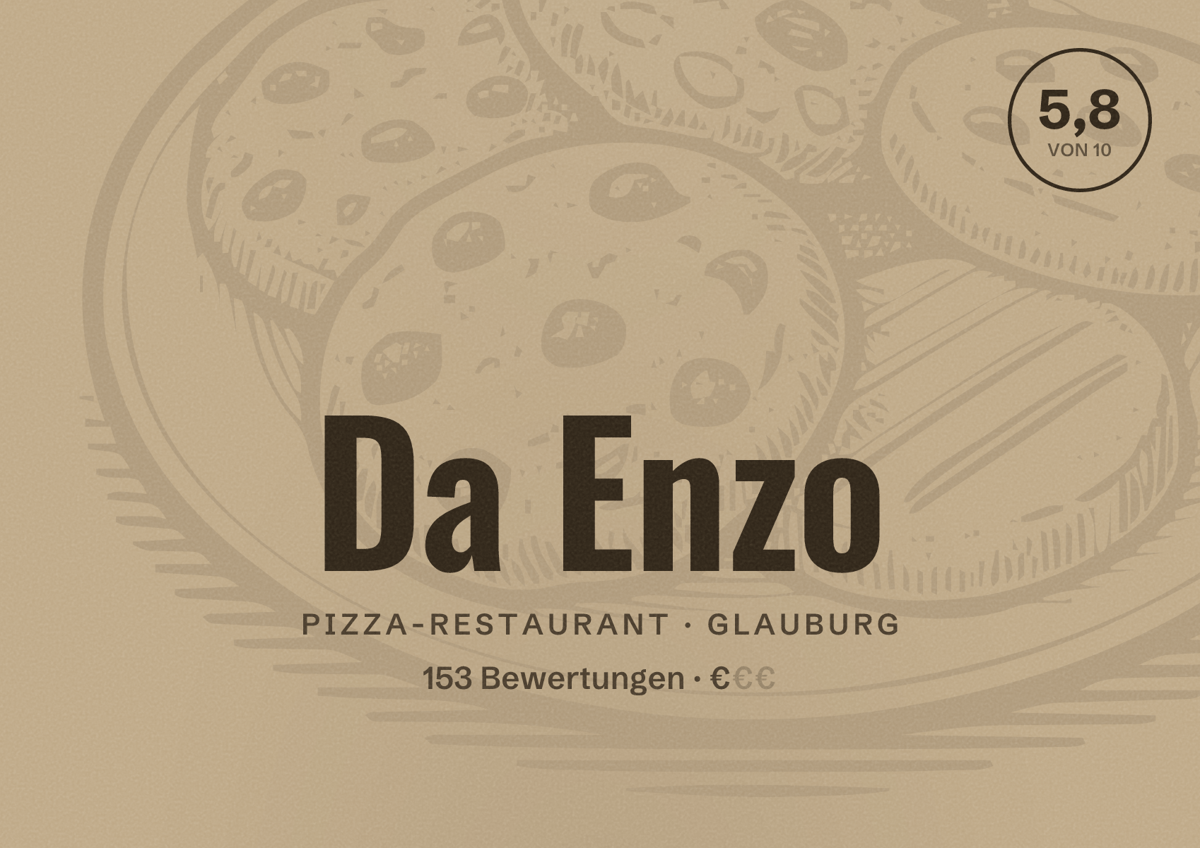 Illustriertes Poster von Da Enzo, Pizza-Restaurant in Glauburg: Bewertung 5,8 von 10 aus 153 Bewertungen, Preisniveau €