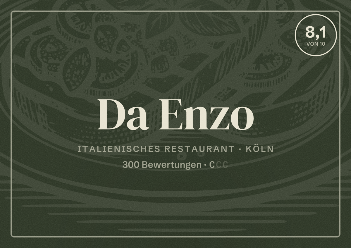 Illustriertes Poster von Da Enzo, Italienisches Restaurant in Köln: Bewertung 8,1 von 10 aus 300 Bewertungen, Preisniveau €