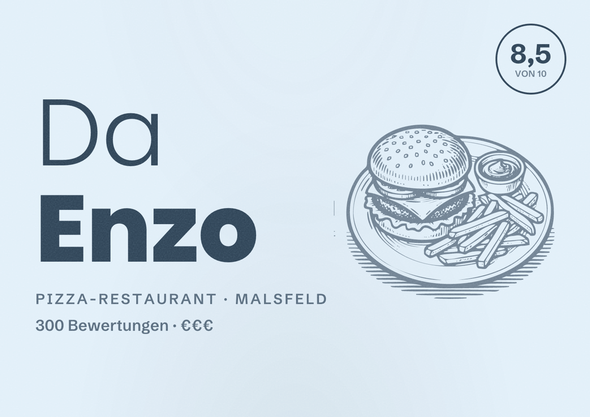 Illustriertes Poster von Da Enzo, Pizza-Restaurant in Malsfeld: Bewertung 8,5 von 10 aus 300 Bewertungen, Preisniveau €€€