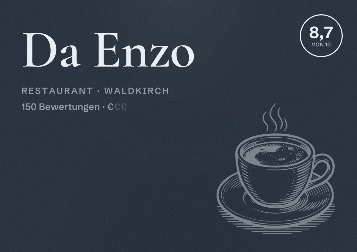 Illustriertes Poster von Da Enzo, Restaurant in Waldkirch: Bewertung 8,7 von 10 aus 150 Bewertungen, Preisniveau €